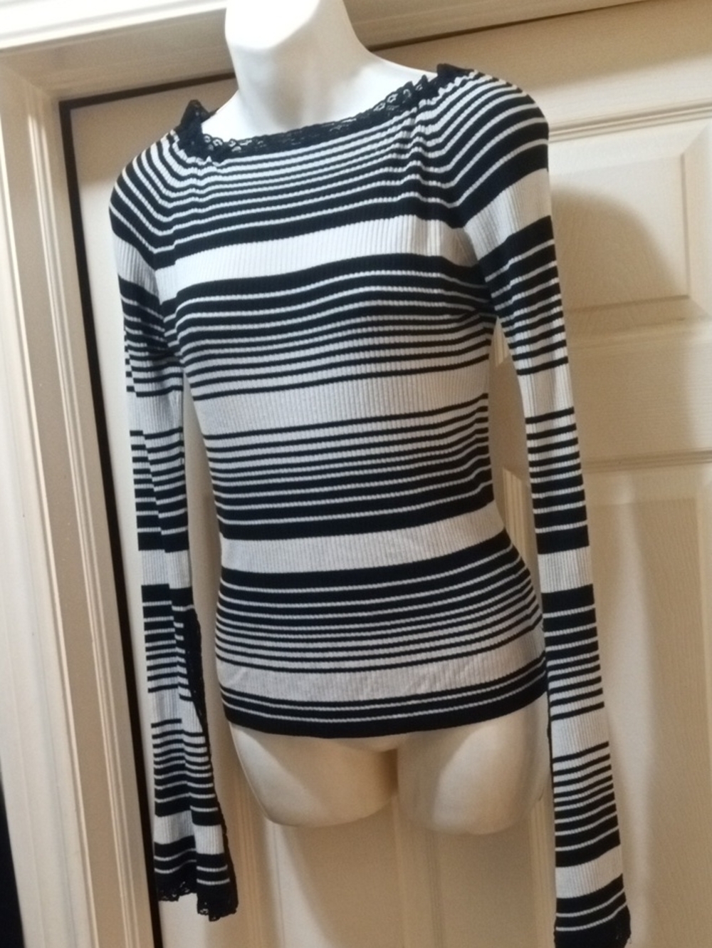 Black and White Striped Long Sleeve Boatneck Top with Lace Trim